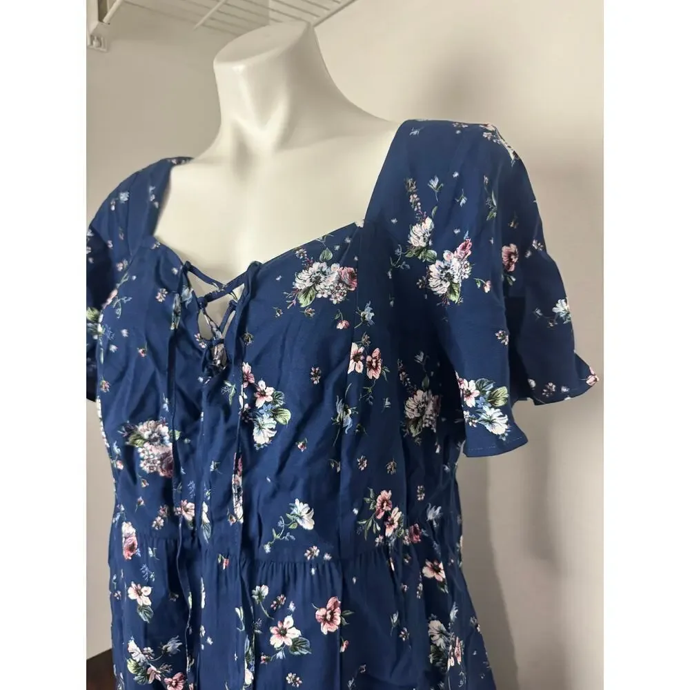 Torrid Navy Blue with Floral Babydoll Challis Lace-Up Hi Low Top 1X NWT